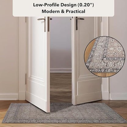 Kuden 4x6 Area Rug, Machine Washable Area Rug with Non-Slip Backing, Vintage Style, Soft, Easy Clean, Low Pile Rug for Living Room, Bedroom, Dining Room
