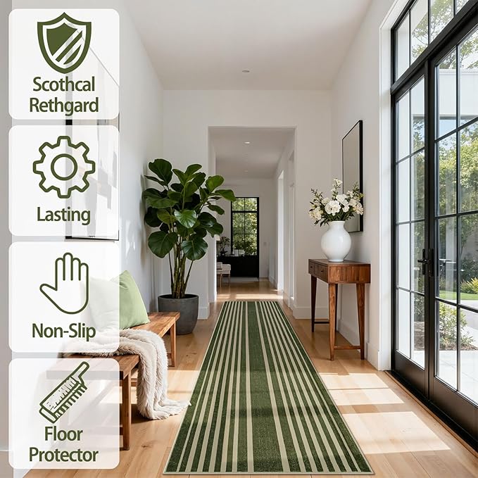 Beeiva Striped Modern Bathroom Runner, 2.5x8 Green Washable Runners for Hallways Entryway, Bohemian Non Slip Non Shedding Low Pile Carpet for Porch, BedroomIndoor Kithchen Laundry Room Porch Bedroom