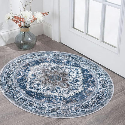 KOZYFLY Round Rug 3 Ft Rugs for Entryway Washable Circle Entrance Rug Non Slip Round Doormat Indoor Printed Faux Wool Round Front Door Mat Floor Carpet for Backdoor, Entryway, Bedroom, Blue