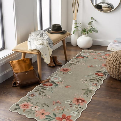 Lahome Floral Kitchen Runner, 2x5 Soft Washable Runner Rug Non Slip, Ultra-Thin Hallway Rug Stain Resistant Boho Carpet for ‎Laundry Bathroom Bedroom(2x5ft,Brown)