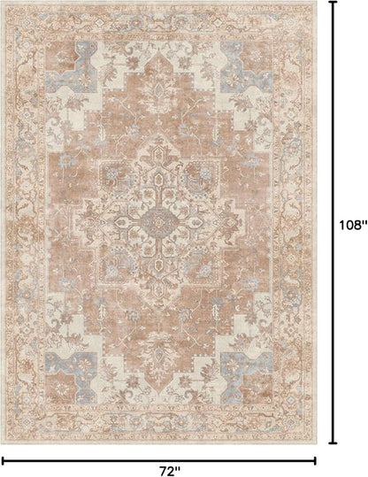 GENIMO 6x9 Area Rugs for Living Room, Non Slip Machine Washable Retro Rugs, Low Pile Chenille Print Rug for Bedroom, Dining Room, Home Office, Orange