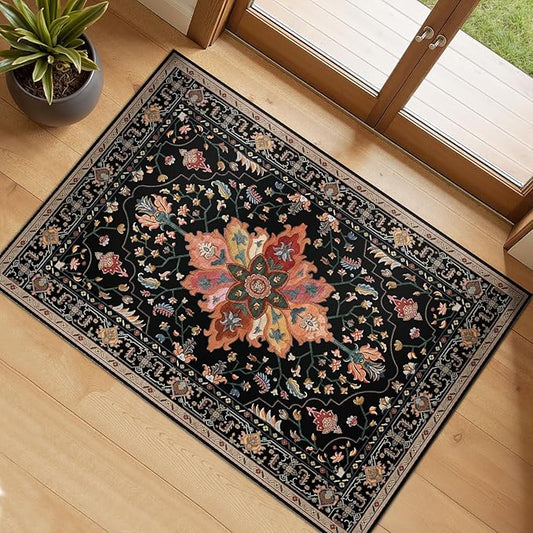 Area Rugs 2'x3' Washable Non-Slip, Floral Vintage Distress Print Pattern Medallion Carpet for Living Room Bedroom Dining Room, Black Colorful Floral Dark Tan