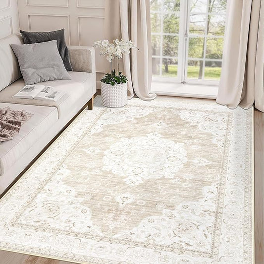 Area Rug 4x6 Entryway Rugs - Machine Washable Vintage Boho Area Rug Non-Slip Bedroom Rugs Soft Stain Resistant Living Room Carpet, Oriental Distressed Rug for Dining Room Nursery(Boho Beige, 4'x6')