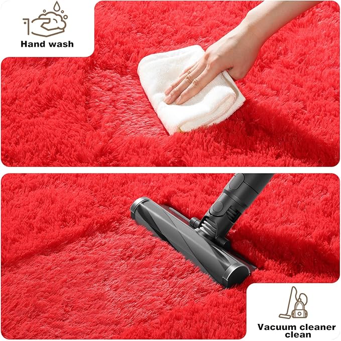 3x5 Red Rug for Bedroom Living Room, Fluffy Small Area Rug Soft Shag Carpet for Kids Boys and Girls Room with 4 Rugs Non-Slip Stickers Dorm Home Decor (3ft x 5ft)