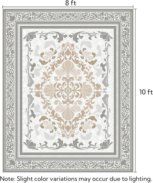 SOULFUL Medium Pile 8x10 Rugs for Living Room - Soft Foot Feel Large Area Rug - Light Taupe Boho Floral - Washable Non-Slip - Perfect for Bedroom Kids Room Under Dining Table Office