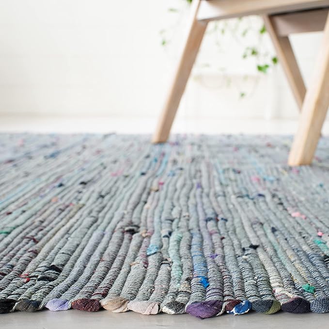SAFAVIEH Rag Rug Collection Area Rug - 4' Square, Aqua & Multi, Handmade Boho Stripe Cotton, Ideal for High Traffic Areas in Living Room, Bedroom (RAR121K)