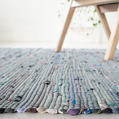 SAFAVIEH Rag Rug Collection Area Rug - 4' Square, Aqua & Multi, Handmade Boho Stripe Cotton, Ideal for High Traffic Areas in Living Room, Bedroom (RAR121K)