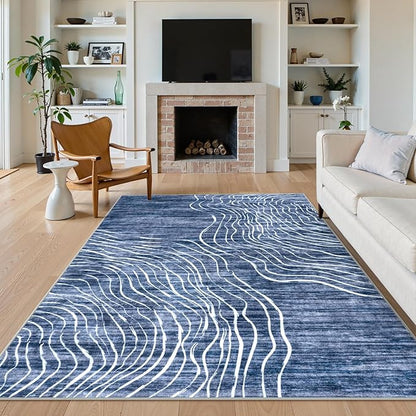 LIVEBOX Modern Abstract 5x7 Area Rugs for Living Room, Navy Blue Washable Rugs for Bedroom, Non-Slip Minimalist Neutral Wave Striped Rugs for Playroom Nursery Boys, Throw Rug Carpet for Dining Room