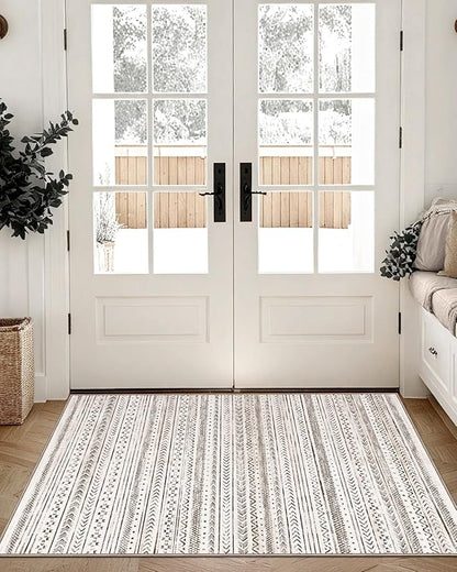 LUMI Ultra Thin Door Mat, 18x30 Non Slip Indoor Doormat Entrance Washable Rugs Entryway Oriental Vintage Soft Carpet for Kitchen Bedroom Front Door, White and Brown