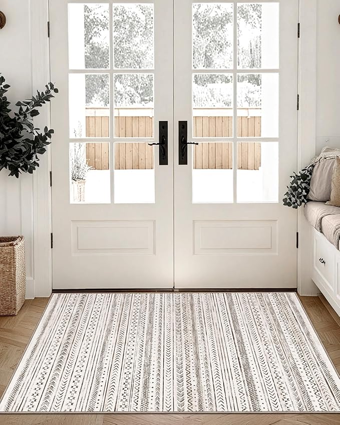 LUMI Ultra Thin Door Mat, 24x36 Non Slip Indoor Doormat Entrance Washable Rugs Entryway Oriental Vintage Soft Carpet for Kitchen Bedroom Front Door, White and Brown