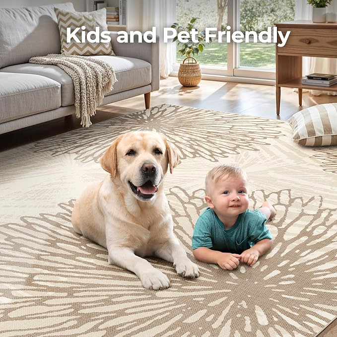 WITSHOCK 9x12 Area Rugs for Living Room: Beige Floral Washable Rugs for Bedroom Dining Room Office Nursery Modern Non-Slip Stain Resistant Low Pile Home Decor（Beige/Brown,9'x12'）