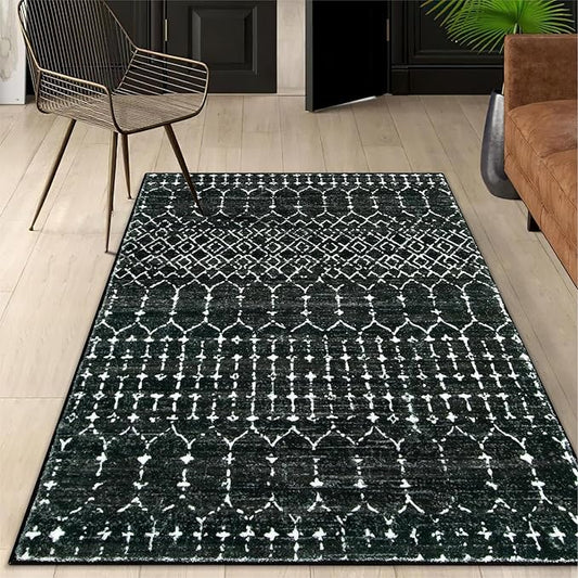 Lahome Moroccan Black Rug for Living Room Washable Area Rug 5x7 Non-Slip Ultra-Thin Soft Bedroom Rugs Large Stain Resistant Dining Room Rugs, Geometric Print Modren Carpet Rug for Office Entryway