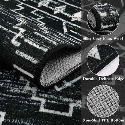 Wonnitar Moroccan 6x9 Area Rugs, Washable Black Rugs for Living Room, Large Soft Bedroom Throw Rug, Non-Slip Stain Resistant Thin Boho Floor Carpet for Dining Room Home Office Decor (Black,6'x9')