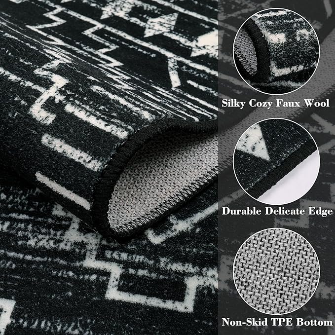 Wonnitar Moroccan Runner Rugs for Hallway 2'6"x8', Black Washable Boho Kitchen Non-Slip Rug Runner, Geometric Tribal Long Soft Bathroom Accent Area Rug for Entryway Laundry Bedroom (Black,2'6"x8')