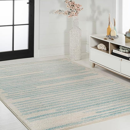 JONATHAN Y Khalil Modern Berber Stripe Cream/Turquoise Indoor Area Rug, 4x6, Contemporary, Bohemian, Easy-Cleaning for Living Room, Bedroom, Kitchen, Pet Friendly, Non-Shedding (MOH207B-4)
