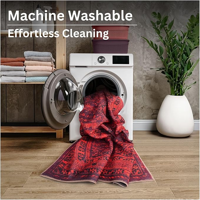 Bloom Rugs Washable Non-Slip 4' x 6' Rug - Red Traditional Bordered Area Rug for Living Room, Bedroom, Dining Room, and Kitchen - Exact Size: 4' x 6'