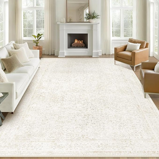 9x12 Area Rugs for Living Room: Washable Large Vintage Floral Rug Low Pile Non-Slip Boho Carpet for Bedroom Dining Home Office (Floral Beige, 9'x12')