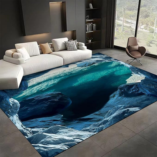 Blue Cave 3D Rugs for Bedroom, 4x6ft, Illusion Natural Landscape Blue Water Pool Entryway Rug, Rubber Backed Non Skid Low Pile Carpet，Foldable Soft No Crease Mats for Sofa Indoor