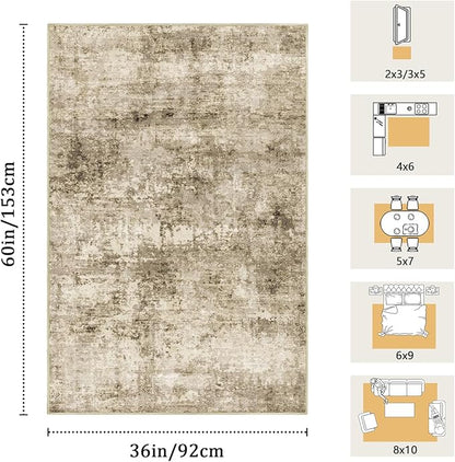3x5 Machine Washable Area Rug for Entryway, Brown Modern Vintage Abstract Rug Non-Slip Low Pile Soft Faux Wool Small Carpet, Kids and Pets Friendly for Bedroom Kitchen Hallway Home Decor Rug