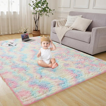Andency 6x9 Area Rugs, Large Shag Fluffy Soft Shaggy Rugs for Living Room Bedroom, Non-Slip Tie-Dyed Rainbow Thick Plush Carpet for Kids Girls and Boys, Dorm Nursery Home Decor Aesthetic