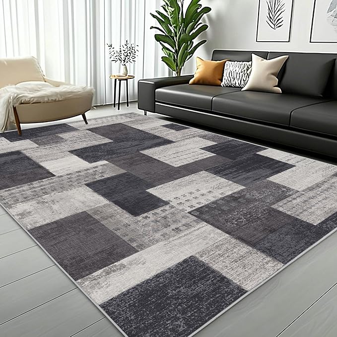 Modern Geometric Patchwork Indoor Area Rug for Living Room, Charcoal 8'x 10' Large Rug Rockwood Collection Hardwood Floors Decor for Bedroom, Grey Throw Carpet for Office Entryway Dining Room