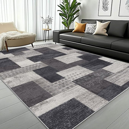 Modern Geometric Patchwork Indoor Area Rug for Living Room, Charcoal 6'x 9' Large Rug Rockwood Collection Hardwood Floors Decor for Bedroom, Grey Throw Carpet for Office Entryway Dining Room