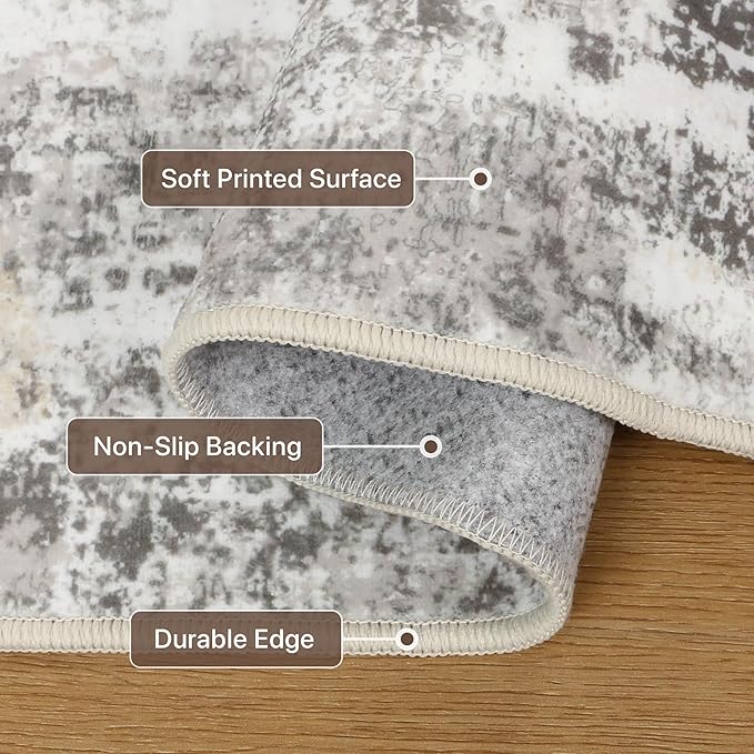 8x10 Area Rugs Washable Grey Rug for Living Room Bedroom, Modern Abstract Large Rug Non Slip, Water Repellent Low Pile Soft Carpet for Dining Room, Home Office, Grey Beige