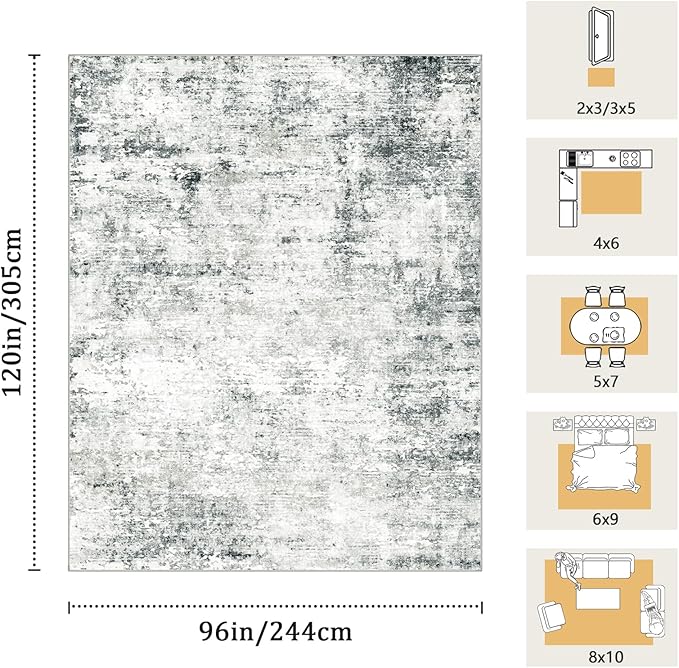 8x10 Machine Washable Area Rug for Living Room, Grey Modern Vintage Abstract Rug Large Non-Slip Low Pile Soft Faux Wool Carpet, Kids and Pets Friendly for Bedroom Dining Room Farmhouse Home Decor Rug