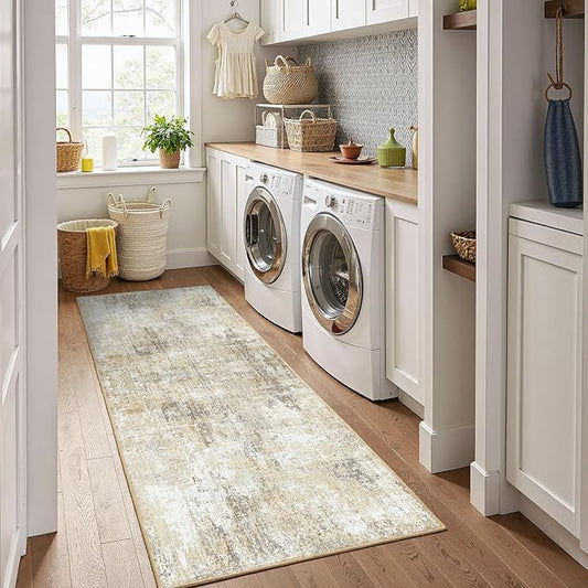 Washable Area Rugs 2'x6' Non-Slip Modern Abstract Soft for Living Room Entryway Bedroom Nursery, Print Pattern, Neutral Brown Gray