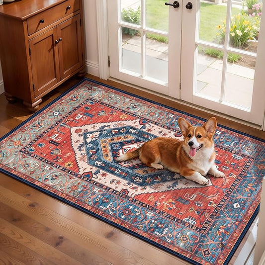 SERISSA 2x4 Boho Rugs for Entryway, Washable Non-Slip Kitchen Runner Rug, Ultra Soft Small Area Rug Vintage Rust Low-Pile Door Mat Indoor Entrance Carpet for Bedroom Hallway Laundry Room Bathroom