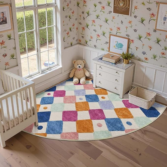 jinchan Macy Kids Rug for Nursery 6ft Radius Corner Washable Area Rug Modern Colorful Quarter Circle Rug Soft Non-Slip Carpet for Bedroom Playroom Daycare Reading Nook Classroom Berries on Cream