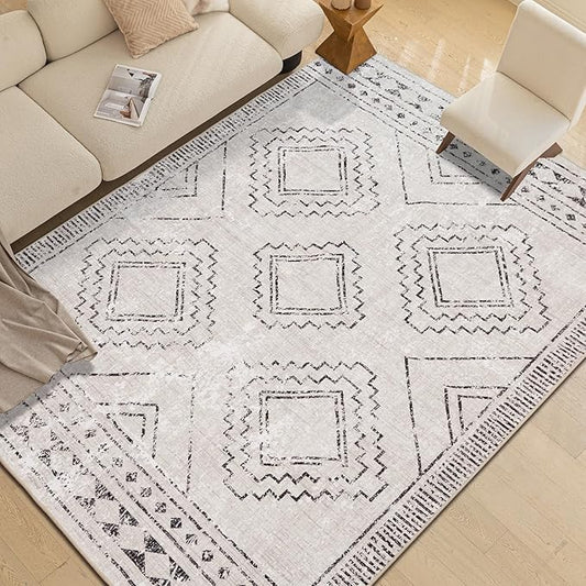 ILANGO Area Rugs 9'x12' for Living Room Machine Washable Grey Area Rugs Modern Dedroom with Rubber Backing Non Slip Carpet for Farmhouse Dining Room, Ultra-Thin, Foldable, Easy Clean