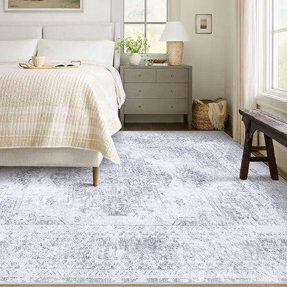 Area Rug 6x9 Living Room Rug, Machine Washable Vintage Distressed Medallion Rug Non-Slip Soft Low Pile Large Indoor Rugs for Bedroom Kitchen Dining Room Office(LightGrey,6'x9')