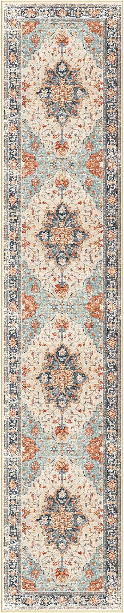 Area Rugs 2'6''x14' Washable Non-Slip, Floral Vintage Distress Print Pattern Medallion Carpet for Living Room Bedroom Dining Room, Beige Navy Blue Orange Colorful