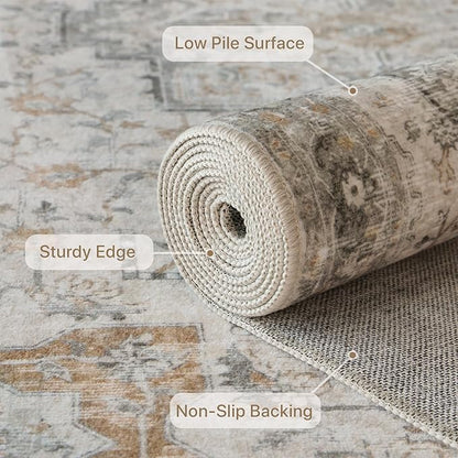 GENIMO 5FT Round Area Rugs for Living Room, Circle Rugs Machine Washable Low Pile, Chenille Non Slip Vintage Rug for Bedroom, Dining Room, Home Office, Light Taupe Brown