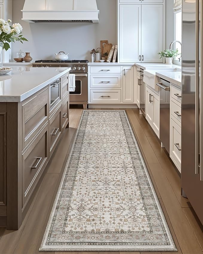 LUMI Washable Kitchen Rug, 23x84 Non-Slip Indoor Hallway Runner, Soft Low Pile Vintage Distressed Area Rugs for Laundry, Bedroom, Celadon