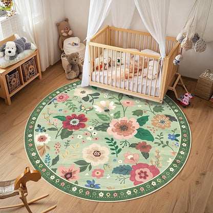 Floral 6ft Area Rug Machine Washable Soft Print Boho Carpet Non Slip Doormat Low Pile Flower Area Rugs for Living Room Bedroom Nursery Kitchen Dining Room Indoor-Light Green