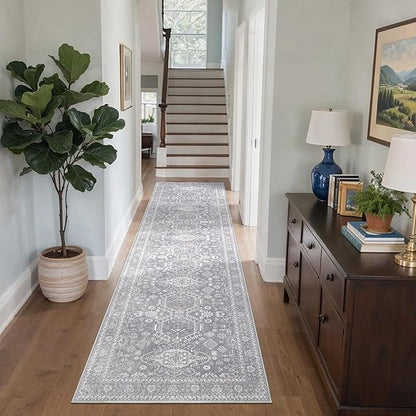 Bavni Washable Runner Rug 2’6”x8’, Non Slip Vintage Hallway Runner, Ultra Thin Low Pile Washable Carpet for Kitchen Entryway Bedroom, Grey
