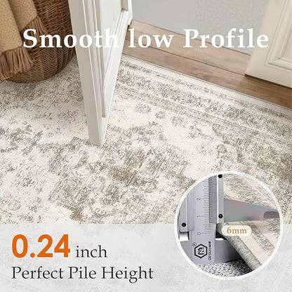 Area Rug 5x7 Beige Washable Living Room Carpet Non Slip Vintage Medallion Low Pile Soft Indoor Bedroom Retro Distressed Indoor Rug for Kitchen Home Office Laundry Dining Room