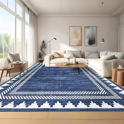 Foldable 5x7 Non Slip Area Rugs for Living Room Dining Room Modern Geometric Washable Non-Shedding Soft Indoor Carpet Bordered Printed Stain Resistant Bedroom Low Pile Rugs, Blue