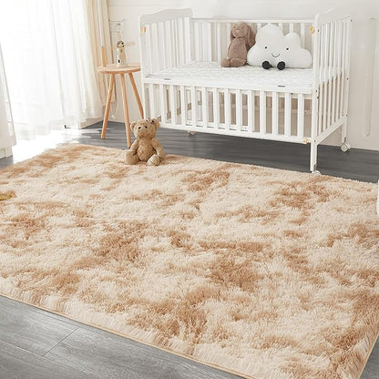 Andency Soft Area Rugs for Living Room Bedroom, 5x8 Fluffy Shaggy Bedside Rug, Non-Slip Large Shag Fuzzy Plush Carpets for Bedroom Kids Dorm Nursery Home Decor Aesthetic, Tie-Dyed Beige