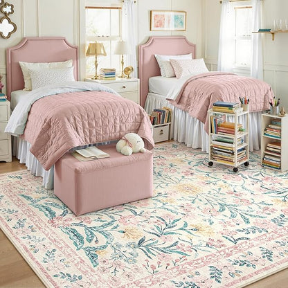 Lahome Large Rugs for Living Room, Boho Machine Washable 8x10 Area Rugs Girls Bedroom Decor, Ultra-Thin Soft Distressed Floral Carpets Non Slip for Office Dining Room, Pink/Multi