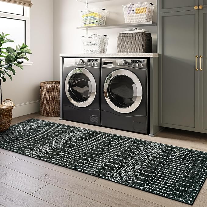 Lahome Moroccan 2x6 Black Runner Rug Non-Slip, Kitchen Rug Runner Washable Non-Skid Hallway, Geometric Print Distressed Carpet for Entryway Laundry