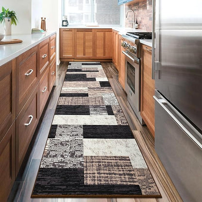 Indoor Runner Rug, Washable Runner Rug with Rubber Backing, Modern Geometric Patchwork Aesthetic Carpet for Bedroom, Living Room, Hallway, Entryway, Washable Rugs Rockwood Collection,2.7x8Ft Chocolate
