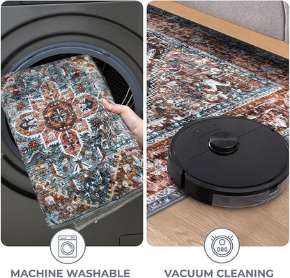 KOZYFLY Runners for Hallways 2x6 Ft Washable Kitchen Runner Rug Boho Runner Rug for Entryway Indoor Printed Oriental Faux Wool Floor Carpet Runner for Bedroom Kitchen Hall, Brick Red/Orange/Green