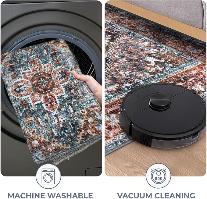 KOZYFLY Runners for Hallways 2x7 Ft Washable Kitchen Runner Rug Boho Runner Rug for Entryway Indoor Printed Oriental Faux Wool Floor Carpet Runner for Bedroom Kitchen Hall, Brick Red/Orange/Green