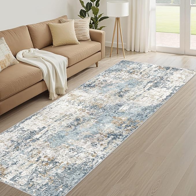 Runner Rug Non Slip Rugs: 3x10 Hallway Kitchen Washable Abstract Soft Modern Stain Resistant Indoor Floor Neutral Accent Throw Carpet for Bathroom Laundry Room Entryway Bedroom- Blue