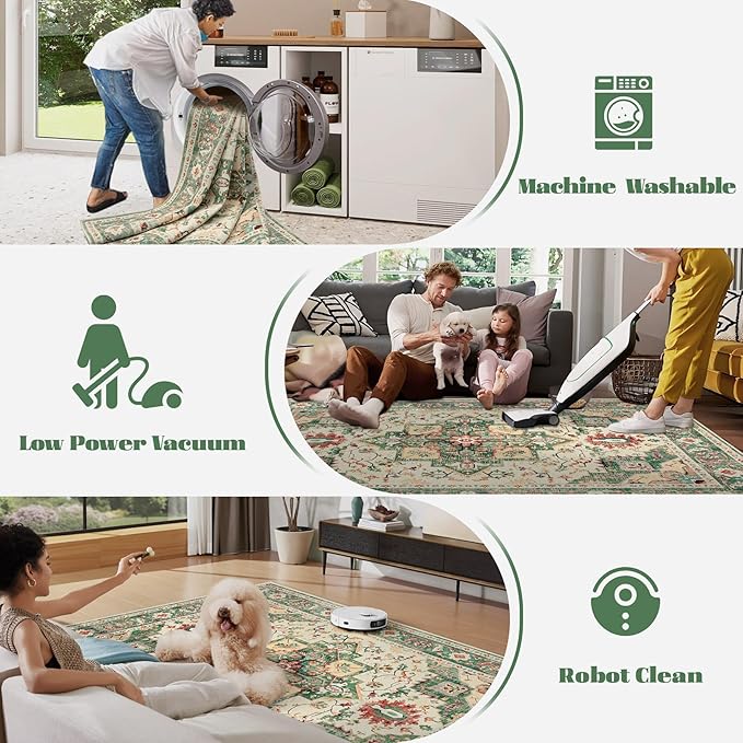 Area Rug 9x12 Washable Rug, Vintage Boho Medallion Rugs Non-Slip Soft Low Pile Large Distressed Rug Indoor Retro Carpet for Living Room Bedroom Dining Room Home Office (Green Beige, 9'x12')