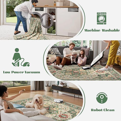 Area Rug 9x12 Washable Rug, Vintage Boho Medallion Rugs Non-Slip Soft Low Pile Large Distressed Rug Indoor Retro Carpet for Living Room Bedroom Dining Room Home Office (Green Beige, 9'x12')