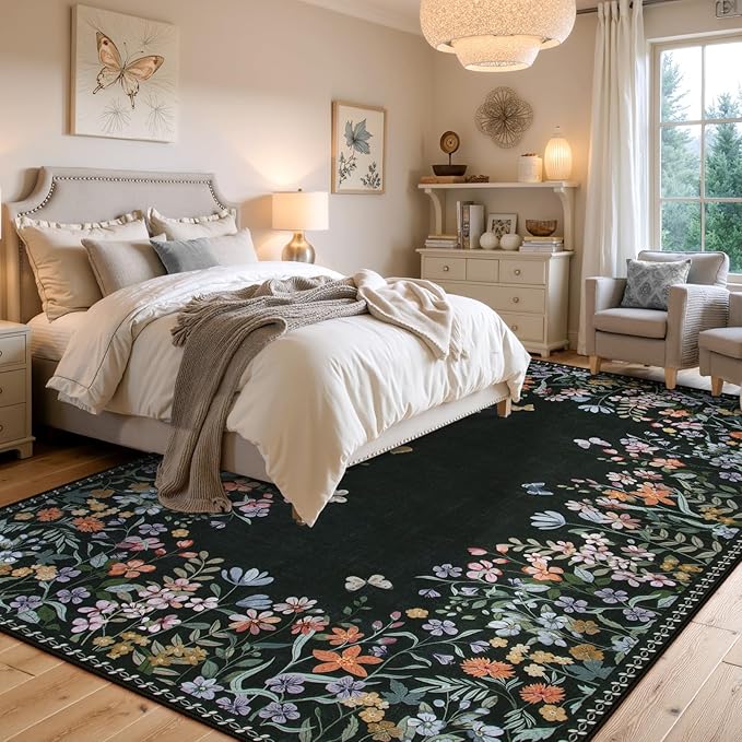 Wonnitar Washable 8x10 Rug, Non-Slip Soft Black Botanical Area Rugs for Living Room, Non-Shedding Large Bedroom Rug, Ultra-Thin Stain Resistant Floor Carpet for Dining Table (Black,8'x10')